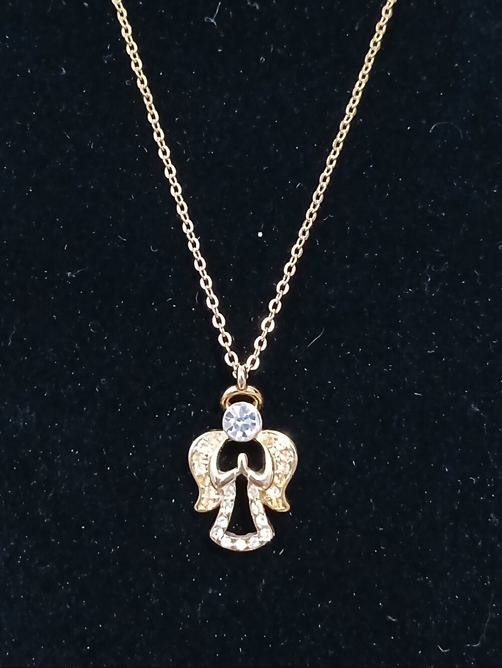 Vintage Signed DM Danbury Mint Clear Angel Crystal Pendant Necklace Gold Tone